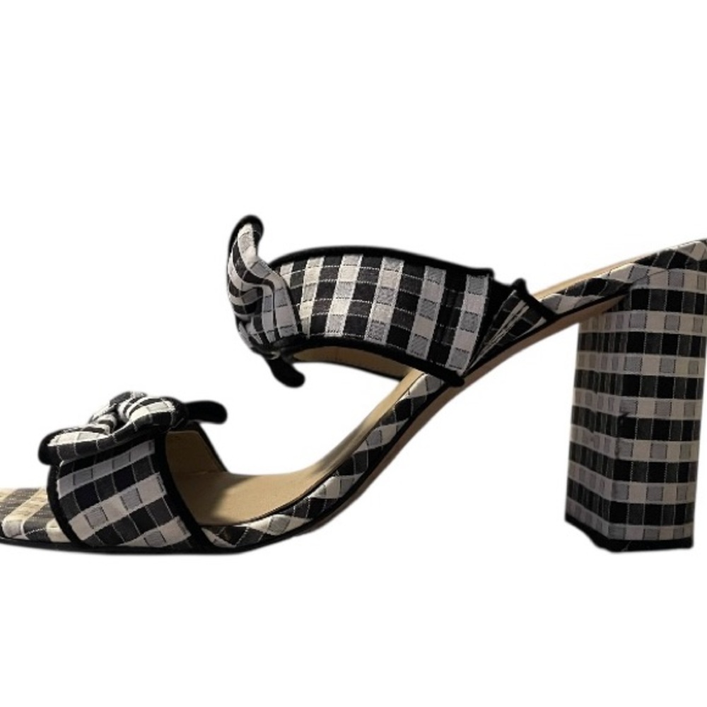 ANN TAYLOR Black & White JANIE Gingham Bow Slip On 3" Stack Heel Sandals Size 7 - Picture 6 of 8